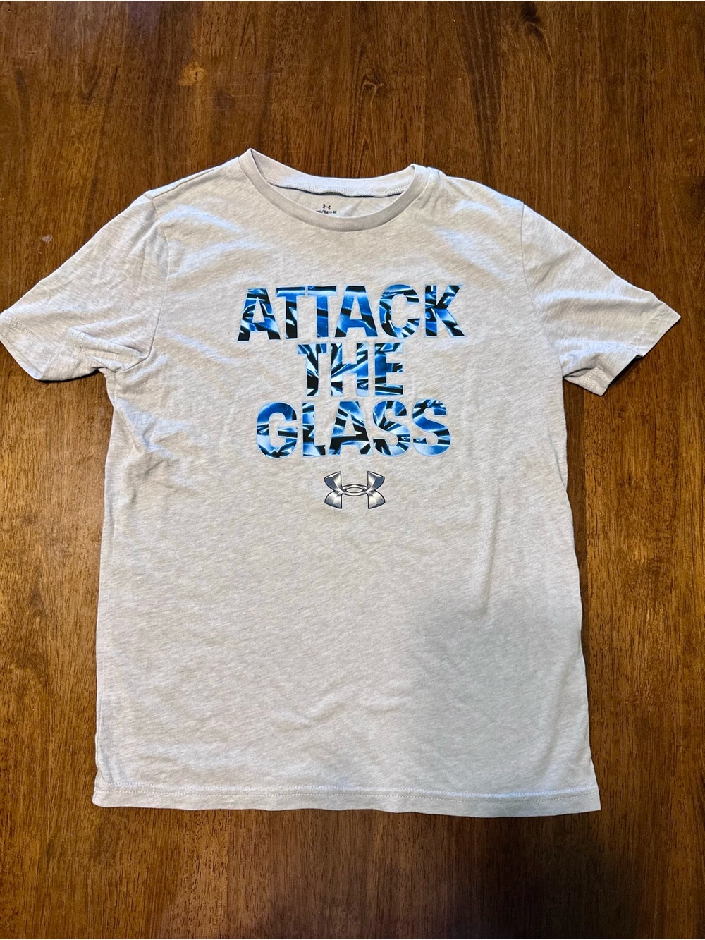 Under Armour Light Gray Short-Sleeve Tee with Blue Camouflage Text